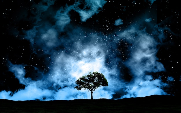 Paisaje en la noche contra el cielo del espacio