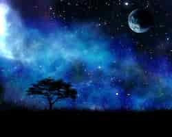 Foto gratuita paisaje nocturno con árbol contra el cielo espacial