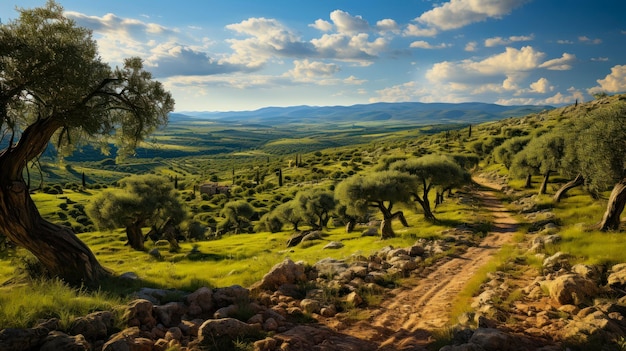 Foto gratuita paisaje de olivar en granja con copia espacio idea para fondo o publicidad