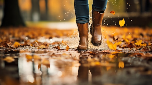 Paisaje de otoño con persona y hojas.