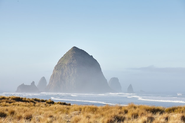 Paisaje del pajar Rock en la niebla matutina en Cannon Beach, Oregon