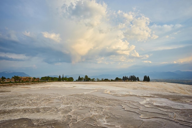 paisaje, de, pamukkale, pavo, ocaso