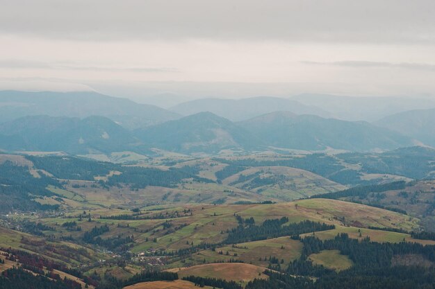 Paisaje de un pequeño pueblo en el bosque en las montañas de los Cárpatos