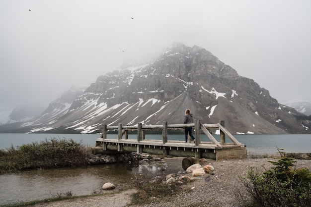 Foto gratuita paisaje de una persona de pie en un muelle que conduce al río en la formación rocosa