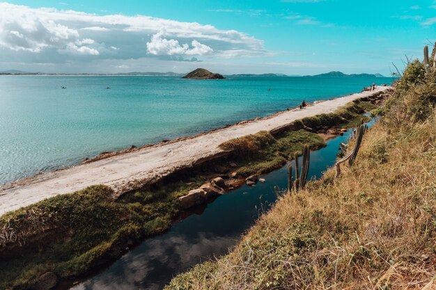 Paisaje de una playa en Río de Janeiro con un camino de arena y formación montañosa