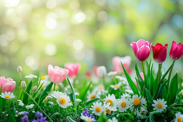 paisaje primaveral con tulipanes y margaritas