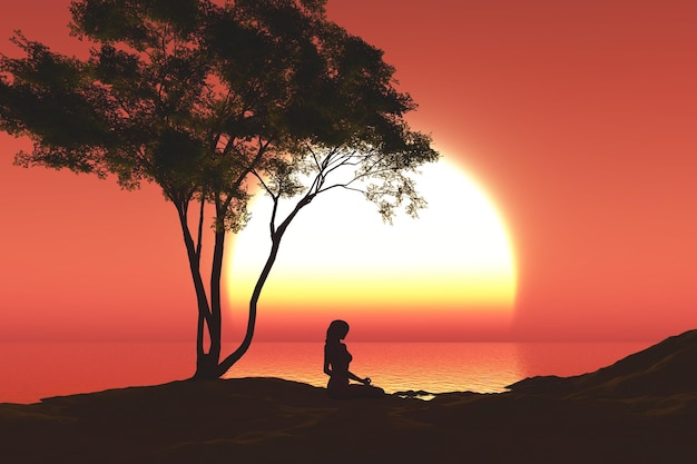 Paisaje de puesta de sol 3D con mujer en pose de yoga debajo de un árbol