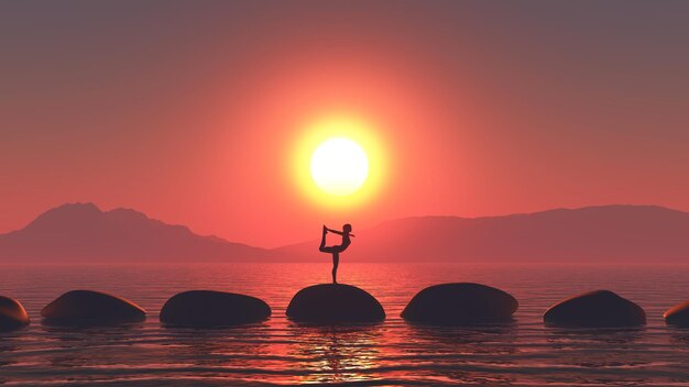 Paisaje de puesta de sol en 3D con mujer en pose de yoga en escalones en el océano