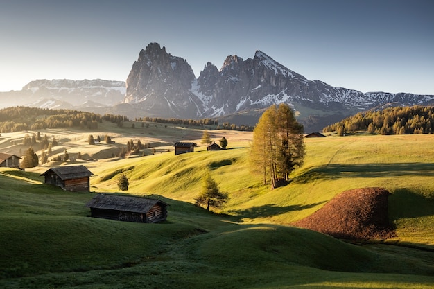 Paisaje de Seiser Alm cerca de las montañas del Grupo Langkofel bajo la luz del sol en Italia