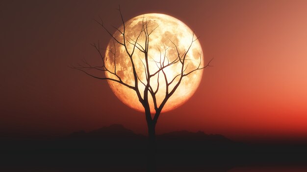 paisaje con silueta de árbol viejo contra un cielo rojo iluminado por la luna