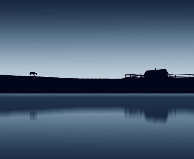 Paisaje de una silueta de caballo caminando en el lago durante la noche