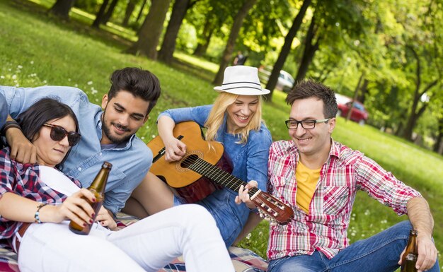 Paisaje soleado de un grupo de joven amigo divirtiéndose en un parque