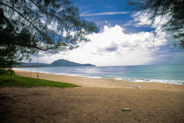 Paisaje tropical bajo el cielo despejado en la playa de Mai Khao, Tailandia