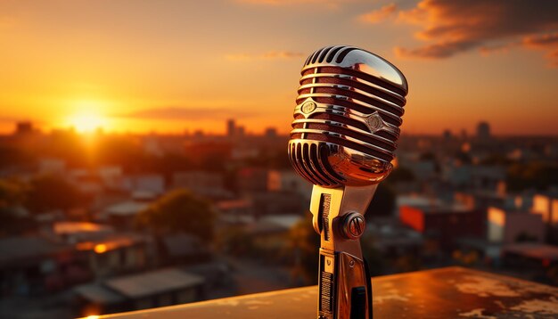 Paisaje urbano al anochecer un cantante actúa en un escenario retroiluminado generado por inteligencia artificial