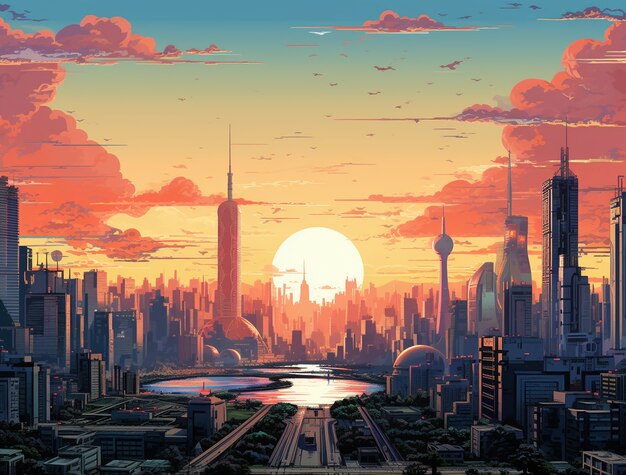 Paisaje urbano de área urbana inspirada en el anime