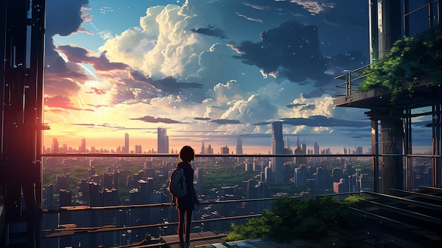 Paisaje urbano de área urbana inspirada en el anime