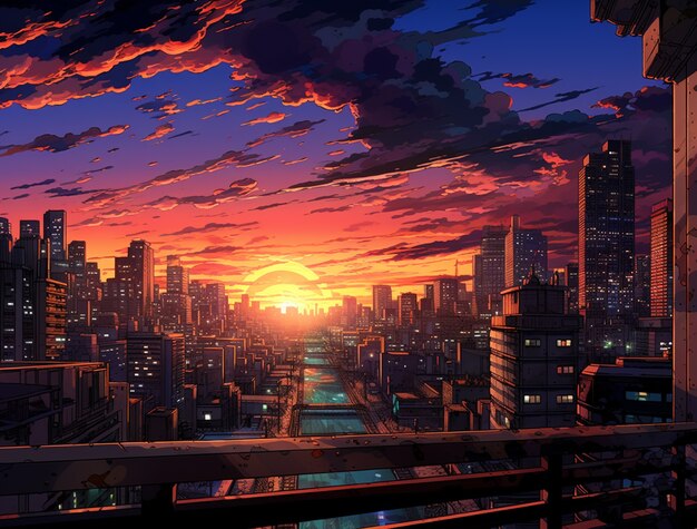 Paisaje urbano de área urbana inspirada en el anime