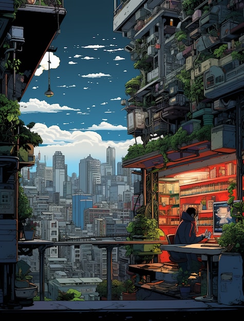 Paisaje urbano de área urbana inspirada en el anime
