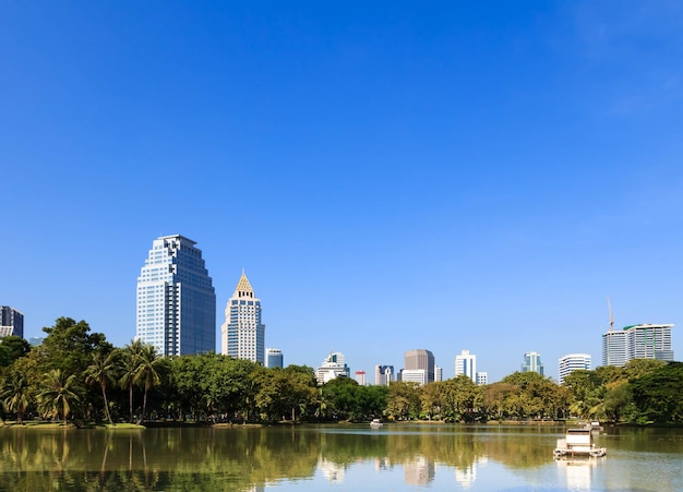 Paisaje urbano de distrito de negocios de un parque con cielo azul