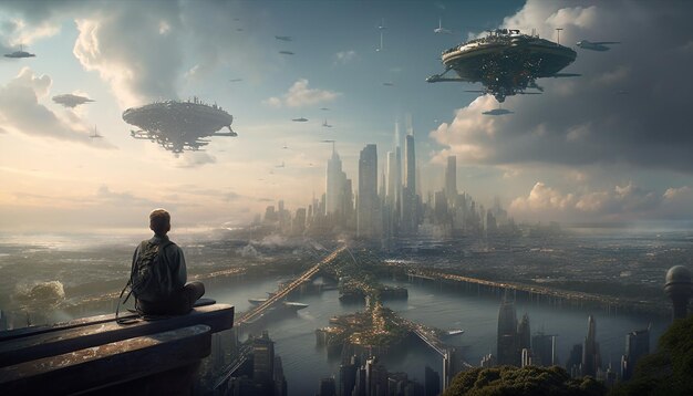 Paisaje urbano futurista al atardecer hombres volando naves espaciales generadas por IA