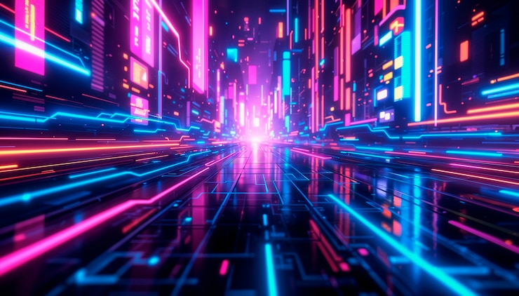 Foto gratuito paisaje urbano futurista cyberpunk con luces de neón