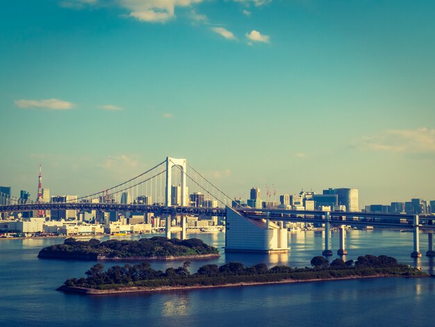 Paisaje urbano hermoso con el edificio de la arquitectura y el puente del arco iris en la ciudad de Tokio