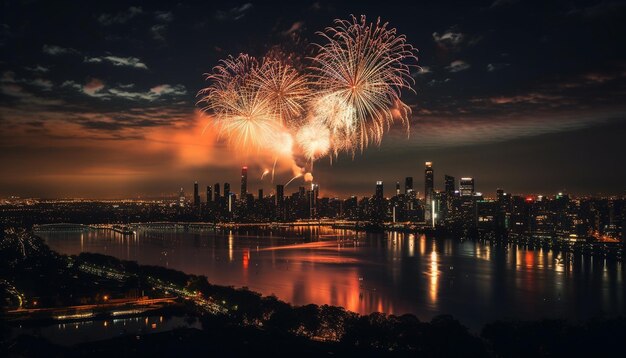 El paisaje urbano iluminado explota en una vibrante celebración de fuegos artificiales generada por IA