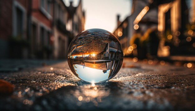 El paisaje urbano iluminado se refleja en una esfera de vidrio húmedo generada por IA