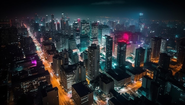 Foto gratuita un paisaje urbano por la noche con una luz roja brillante en la parte superior.