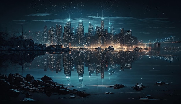 Paisaje urbano nocturno con reflejo de agua de rascacielos y IA generativa de arquitectura