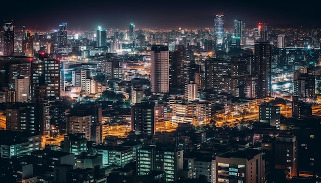 Paisaje urbano resplandeciente en el distrito financiero al atardecer iluminado generado por IA