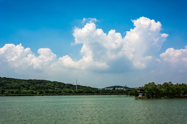 paisaje de verano con lago en día soleado