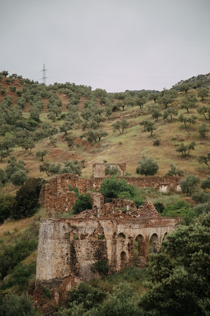 Paisaje verde con altas montañas y ruinas de edificios destruidos