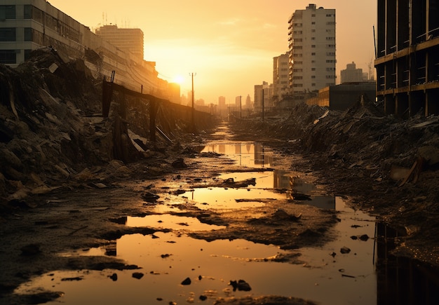 Foto gratuita paisaje de la zona de guerra con destrucción apocalíptica