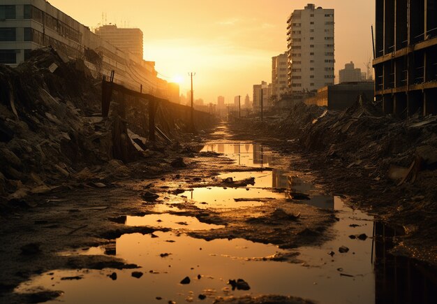 Paisaje de la zona de guerra con destrucción apocalíptica