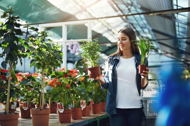 Paisajista comprando plantas para su cliente en una tienda de invernaderos