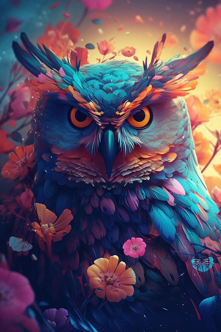 Foto gratuito pájaro búho en flores de colores generativo ai