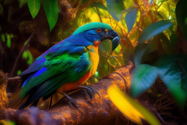 Foto gratuita un pájaro colorido está sentado en una rama en un bosque.