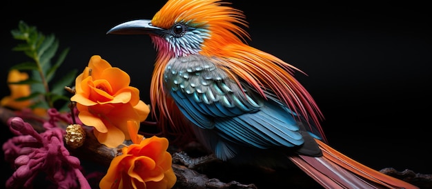 Pájaro colorido sentado en una rama con flores sobre un fondo negro