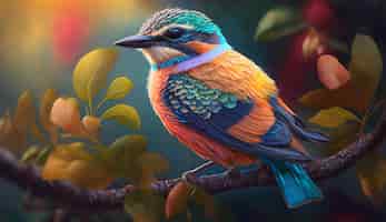Foto gratuita un pájaro colorido se sienta en una rama en el bosque.