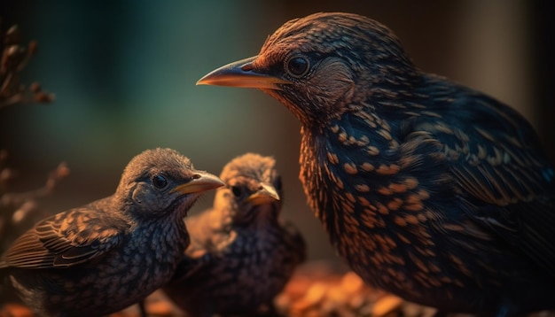 Un pájaro con un estornino en la espalda se encuentra junto a su madre.