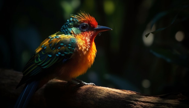 Foto gratuita pájaro multicolor posado en una rama en el bosque generado por ia