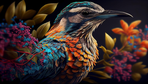 Pájaro con patrón de colores vibrantes posado en una rama generado por IA