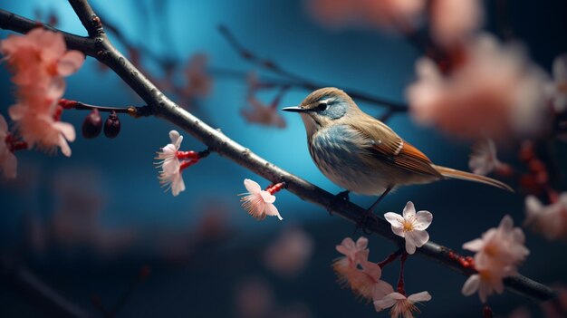 Un pájaro en una rama con flores