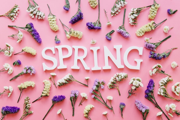 Palabra de primavera en pequeñas flores