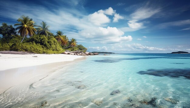 Palmeras tropicales se mecen en aguas turquesas generadas por IA