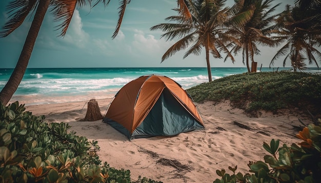 Palmeras tropicales se mecen en un tranquilo atardecer generado por IA