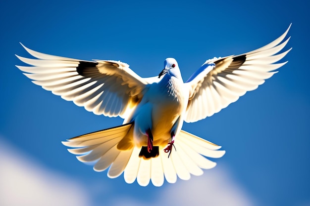 Una paloma blanca con plumas blancas y negras vuela en el cielo.