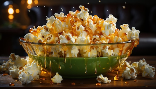 Foto gratuita palomitas de maíz frescas en un cuenco de madera aperitivo perfecto para la noche de cine generado por inteligencia artificial