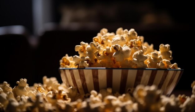 Palomitas de maíz en un vaso de papel rayado sobre una mesa